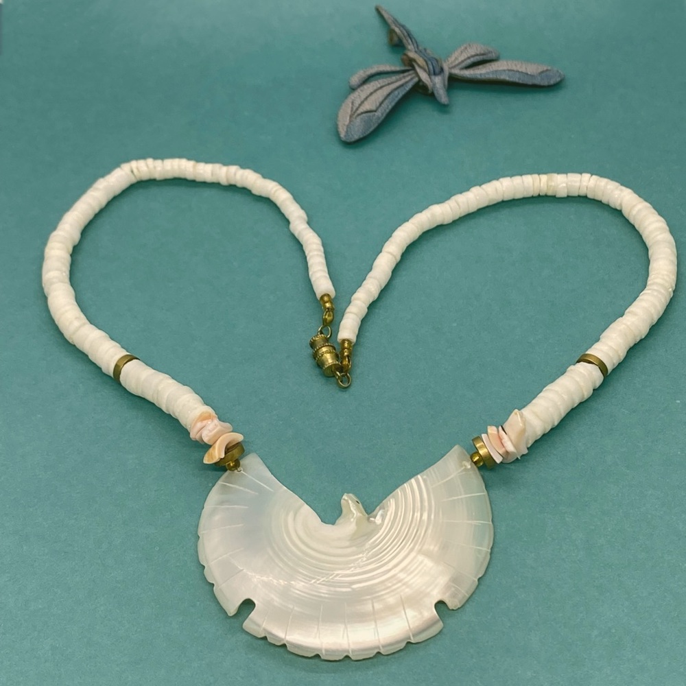 Heishi Beaded Carved Mother of Pearl “Thunderbird” - Picture 2 of 3